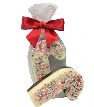 **SOLD OUT FOR 2024**<BR>White & Dark Chocolate Peppermint Candy Cane 85g - 12ct